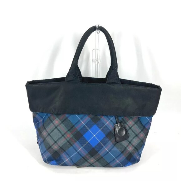 PRADA check Bag Tote Bag Shoulder Bag Nylon Black/Blue - Picture 1 of 16